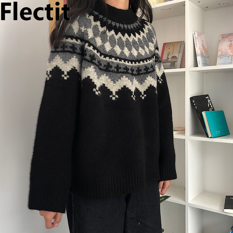 

Flectit Fair Isle Sweater For Women Long Sleeve Mock Neck Cozy Knit Autumn Winter Warm Pullover Tops * 201130, Black