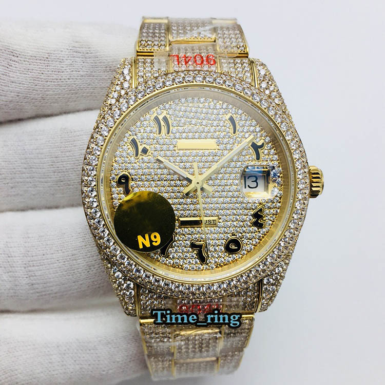 

N9 Top version 126333 126334 116244 Arab Diamonds Dial ETA2824 Automatic Mens Watch 904L Steel Diamond Iced Out Full Gold Case Luxry Watches, Professional waterproof