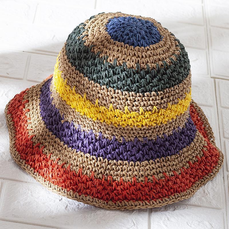 

Color Striped Hand-woven Straw Hat Female Summer Sunshade Vacation Beach Sun Wide Brim Hats, Blue;gray