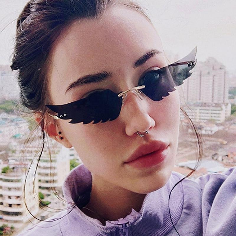 

Unique Rimless Wing Shape Cat Eye Sunglasses For Women New Pink Mirror Sun Glasses Men Vintage Alloy Hip Hop Shades