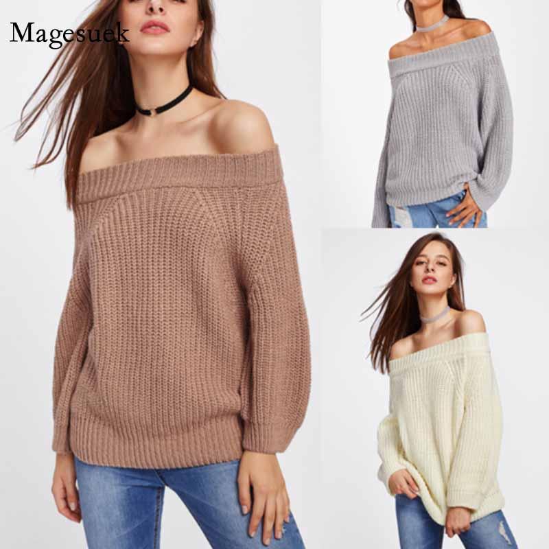 

Sexy Horizontal Neck European and American Winter Women's Knitwear Pullover New Solid Color Long Sleeve Women's Sweater 11627, Red