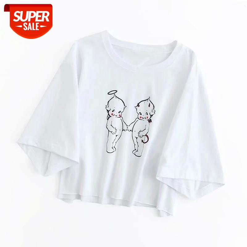 

HSA white Angel Print Women T-shirt summer O-Neck Short Sleeve Loose wild casual T Shirt Women 2020 New Girls Pullovers Harajuku #Rc8f