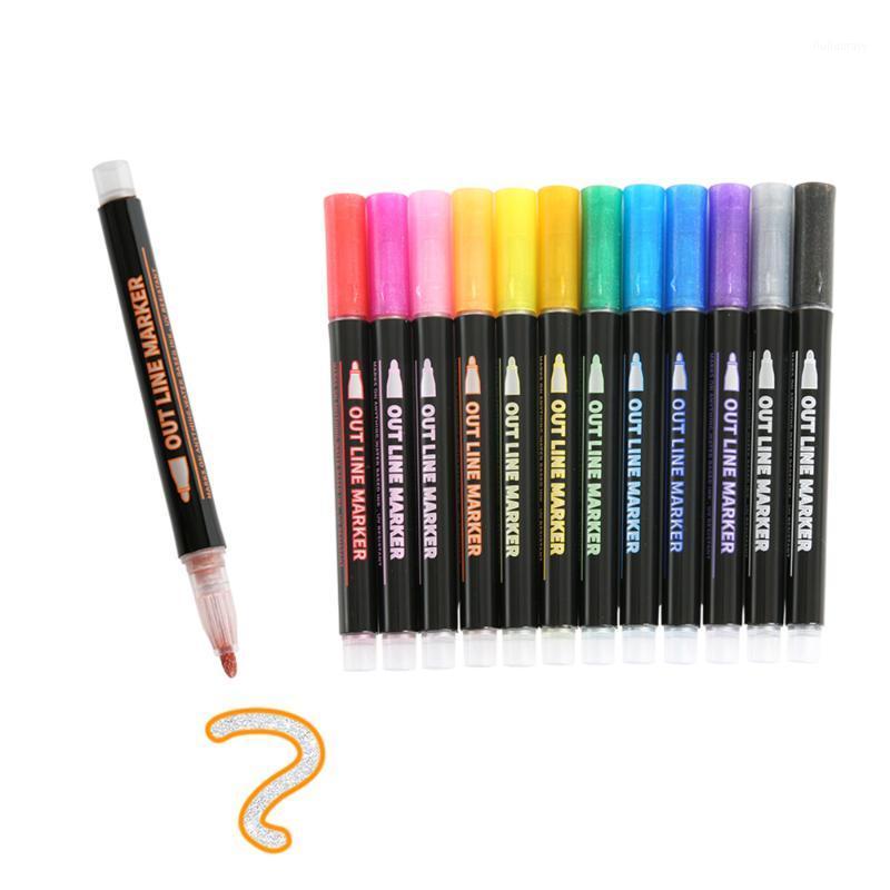 

12pcs/set double line pen color hand-painted stationery highlighter marker pen 12 colors Drawing Promotional Gift Stationery1