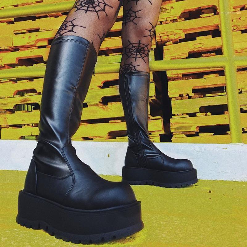 

New Autumn Mid-Calf Boots Women Fashion Punk Platform Boots Women Zipper Elastic Sexy botas de mujer 2020 Winter Shoes1, Black (winter)
