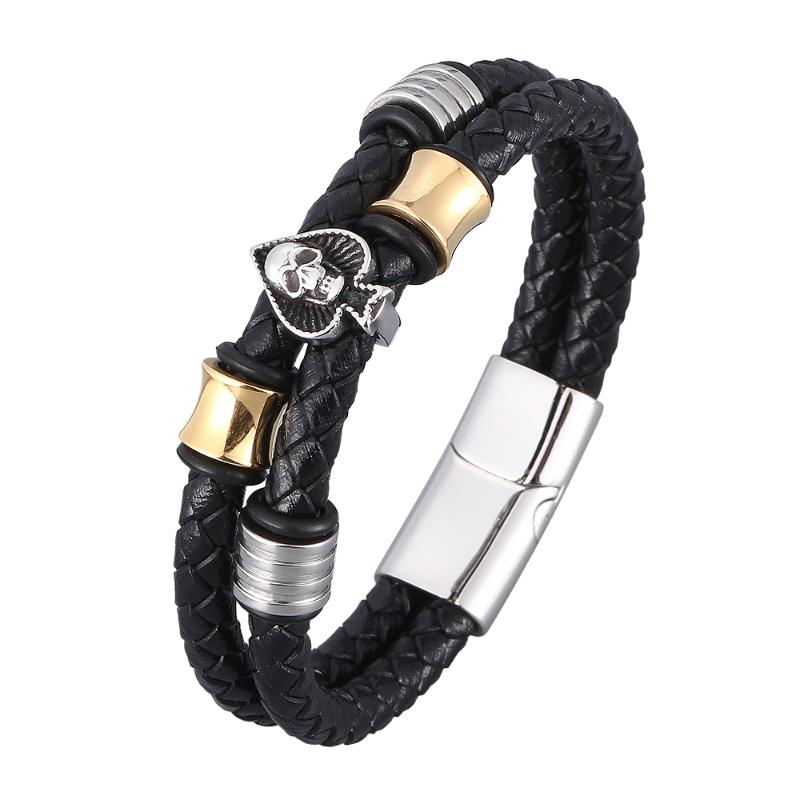

Spades Skull Stainless Steel Punk Men Leather Bracelet Multiple Handchain Bangle Exquisite Jewelry Party Favors BB0937