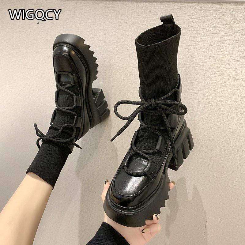 

2020 Autumn Winter New Boots Women's Fabric Breathable Thick-Soled Platform Women's British Style Short Boots, Black