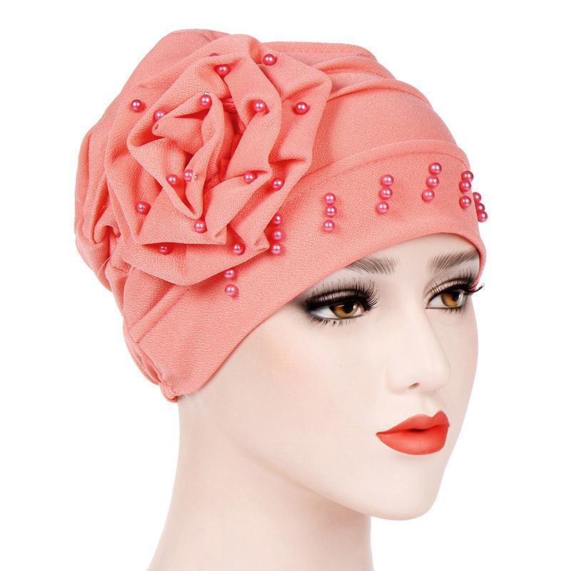 

Knotted Ruffled Turban Head Wrap Hat Imitation Pearl Cap New Hijab Bandanas Caps Muslim Big Flower Scarf Cap Headband, Red