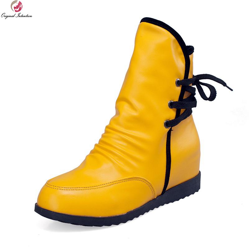 

Original Intention Fashion Women Ankle Boots Popular Round Toe Wedges Boots Black White Yellow Red Shoes Woman US Size 4-10.5, H5183