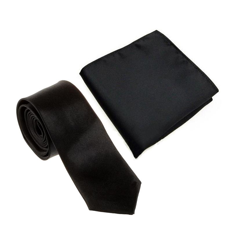 

Unisex Casual Necktie Skinny Slim Narrow Neck Tie - Black & Men's Pocket Hanky Plain Color Square Hankerchief (Black