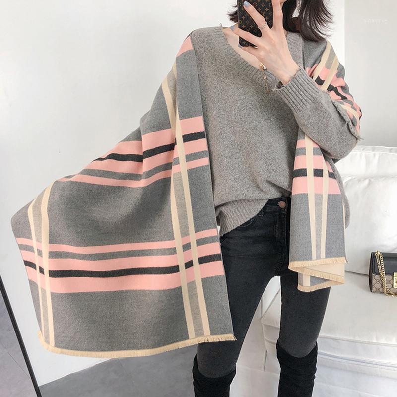 

2020 New Cashmere Scarf Lady Fashion Tassels Thick Shawl Women's Striped Warm Bandana Female Blanket Thick Warm Stoles1