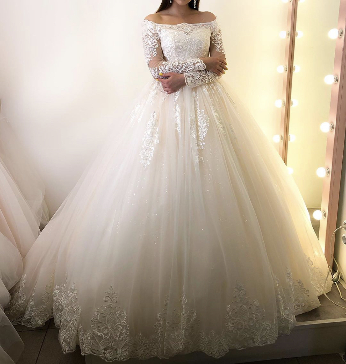 

2021 New Wedding Ball Boat Neck Full Sleeve Rentals Down to the Floor Sweeping Train Beautiful Bride's Dress Custom Made 6W36, White
