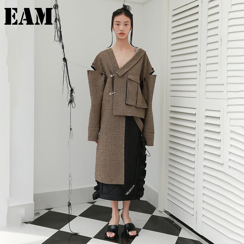

EAM] Loose Fit Big Size Irregualr Pocket Woolen Coat Parkas New Long Sleeve Women Fashion Tide Autumn Winter 2021 1DD2175, Camel