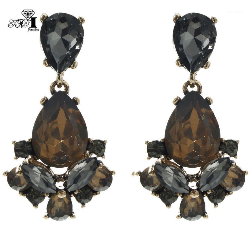 

YaYi Jewelry New Brown Glass Gray Rhinestone Dangle Crystal Earring Women's Fashion Ancient Gold Color Gem Earrings 11651