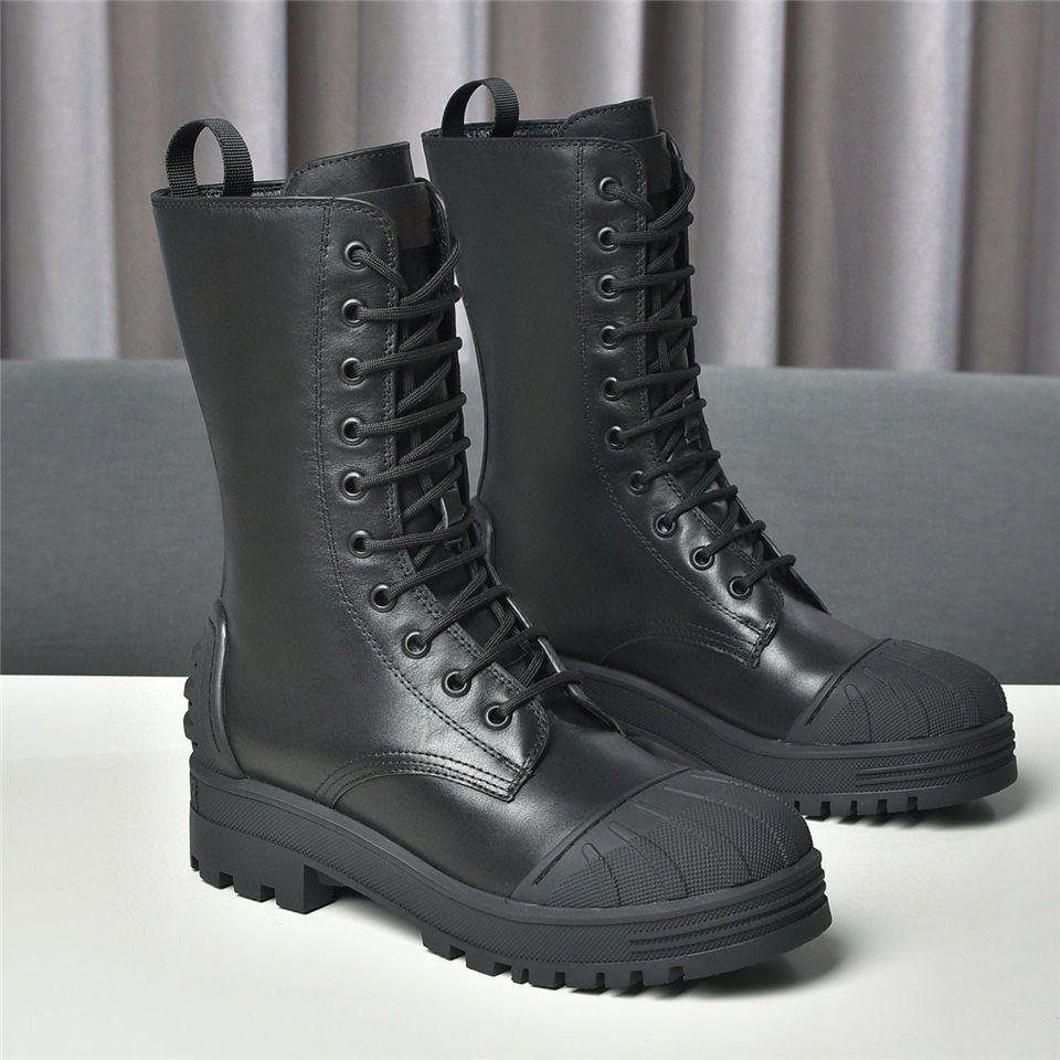 

Womens boot shell-toe lace-up mid-tube Martin boots military style IRON ankle boots cow leather round toe rubber platform boots, Black