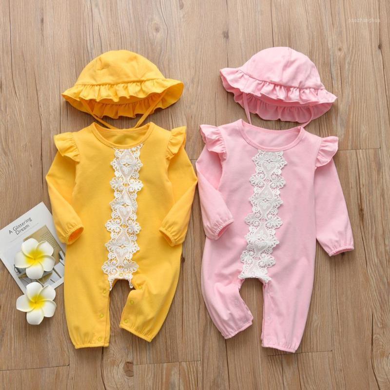 

2Pcs Newborn Baby Girls Clothes Set Cute Lace Trim Solid Color Ruffles Long Sleeve Romper+Hat Infant Toddler Clothing1, Pink