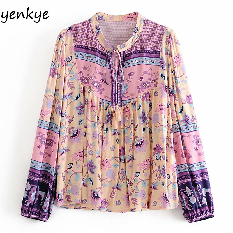 

Vintage Women Floral Print Boho Blouse Shirt Lace Up Round Neck Long Sleeve Holiday Casual Tops Plus Size blusas, As pic