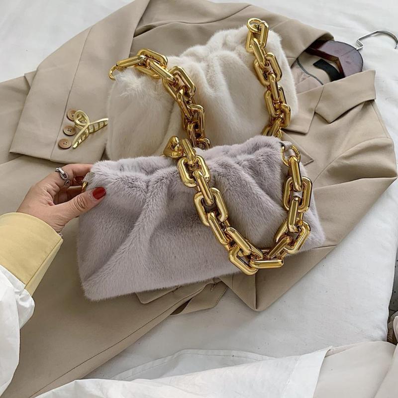 

Fashion Women Pure Color Cloud Shoulder Handbags Retro Plush Soft Casual Lady Thick Chain Underarm Shoulder Bags, Black
