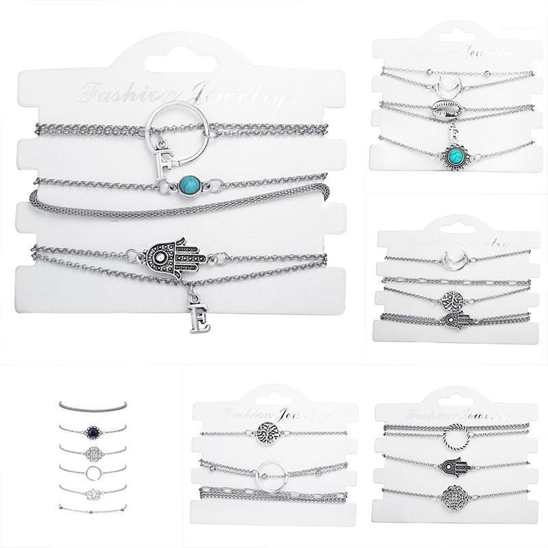 

6 Style Bohemian Shell Moon Bracelet Set for Women Bijoux Hollow Flower Natural Green Stone Chain Bracelets Jewelry Accessories1