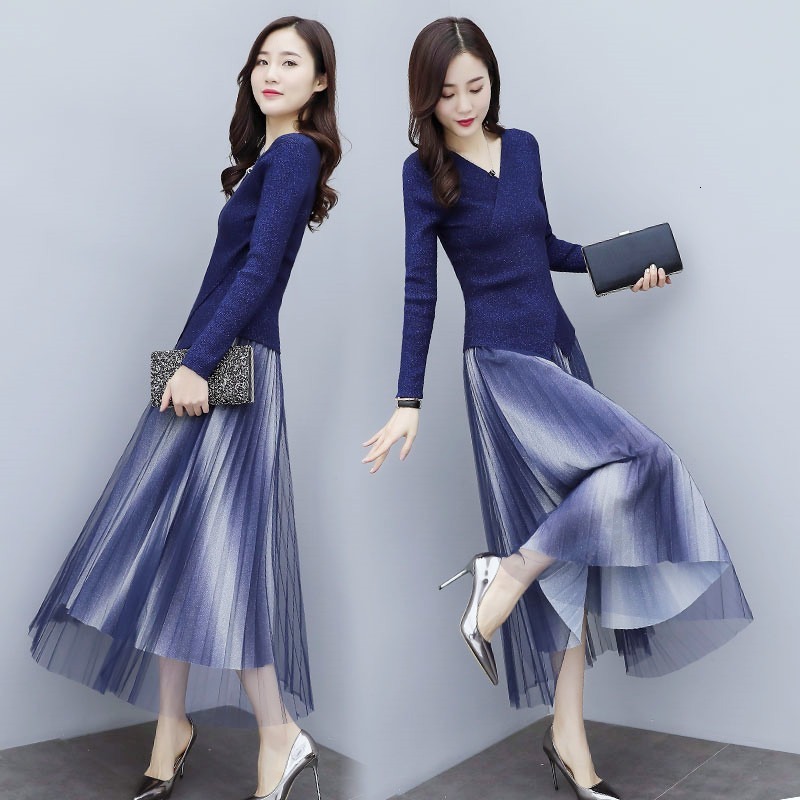 

2021 New Set of two garments plied winter on elegant v Adjusts temperament shirt with knitted or crocheted skirt 9FKG, Picture color