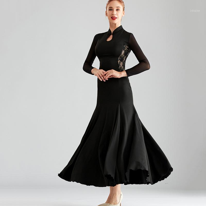 

Retro modern dance practice dress women new ballroom dance dress black long waltz dancing1