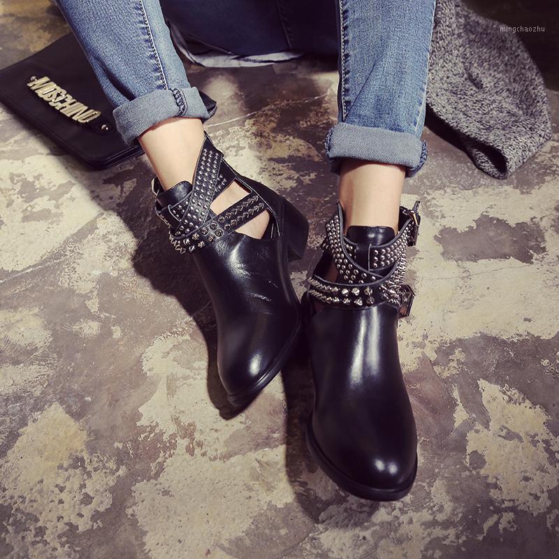 

Women boots natural leather upper ankle boots for women autumn and winter velvet online celebrity Knight Hollow out shoes1, Black