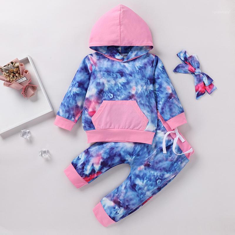 

3 Pcs Newborn Tie-dye Outfits, Toddler Long Sleeve Front Pocket Hoodie + Ribbon Trousers Headband1, Blue