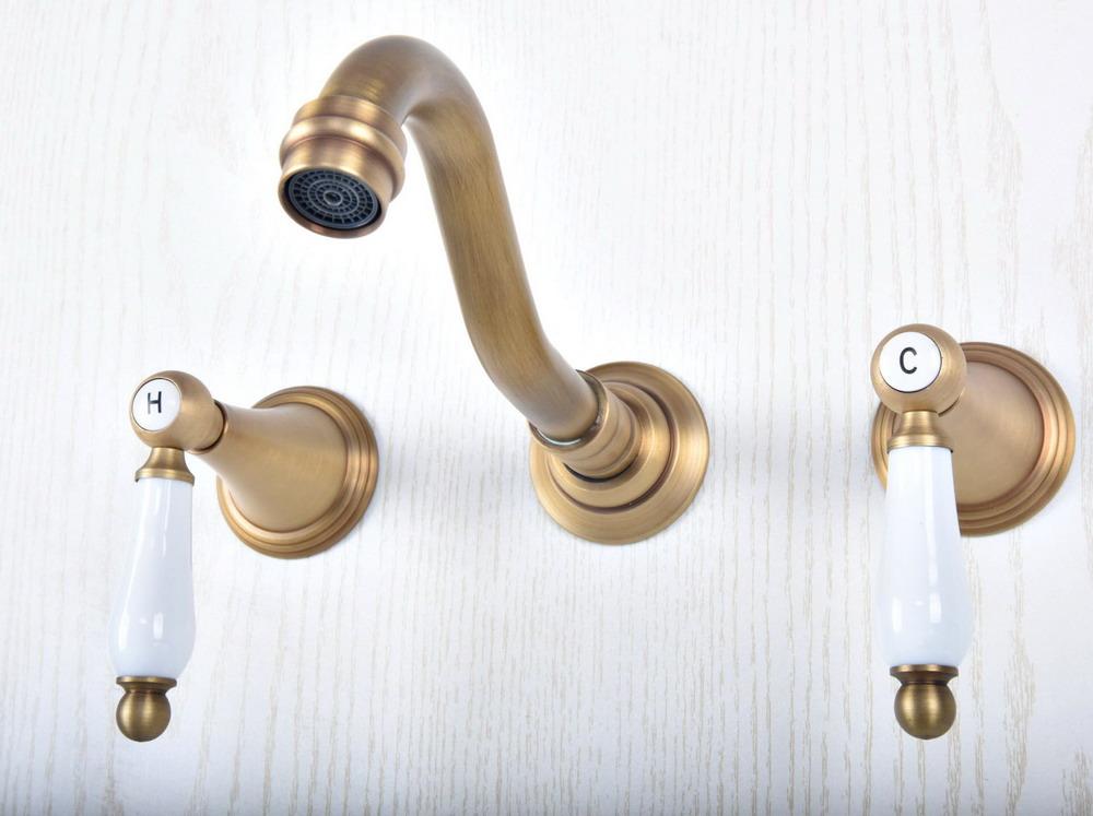 

Antique Brass Widespread Wall-Mounted Tub 3 Holes Dual Ceramic Handles Kitchen Bathroom Tub Sink Basin Faucet Mixer Tap asf516