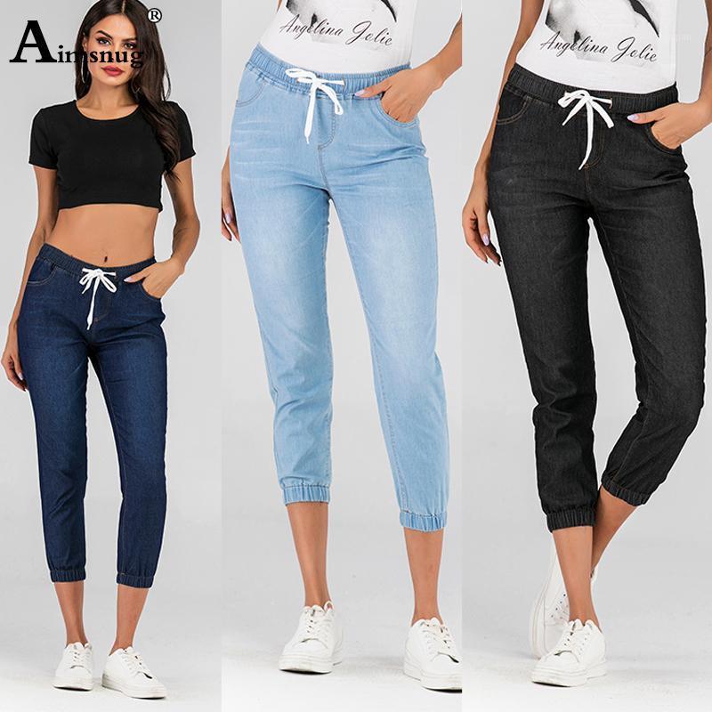 

Plus size -5XL Summer Women Denim Trousers Ladies Calf-length Pants boyfriend Jeans Elastic Waist Lace-up Female Jeans Pants1, Black