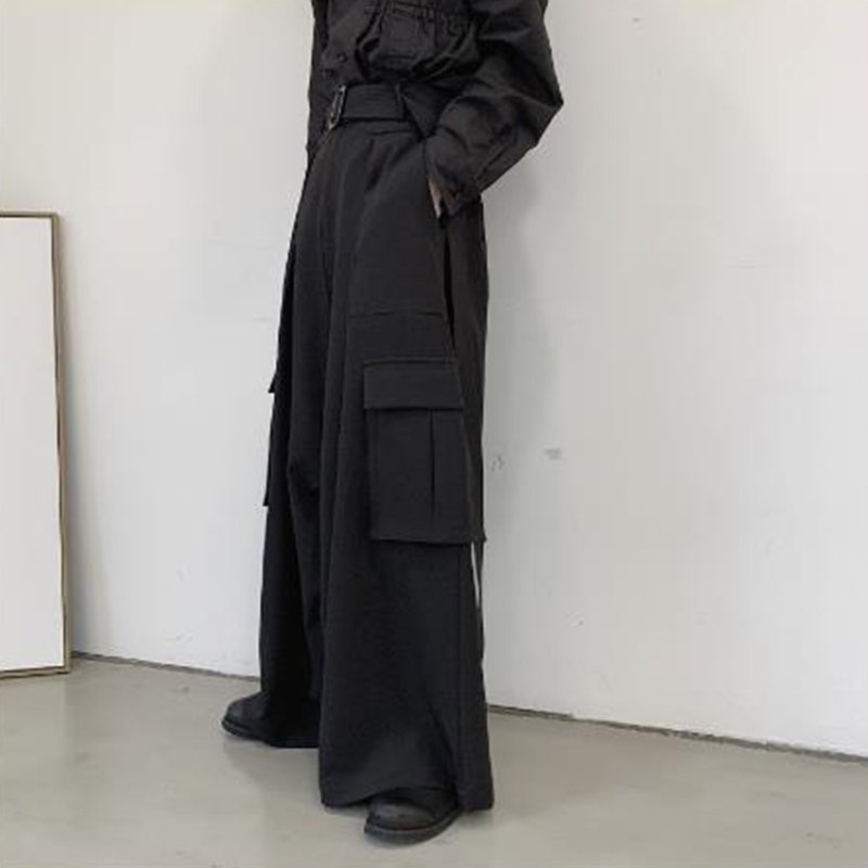 

Men Japan Loose Casual Wide Leg Cargo Pants Male Street wear Hip Hop Punk Gothic Harem Belt Trousers Kimono Straight Skirt Pants 201116, Black