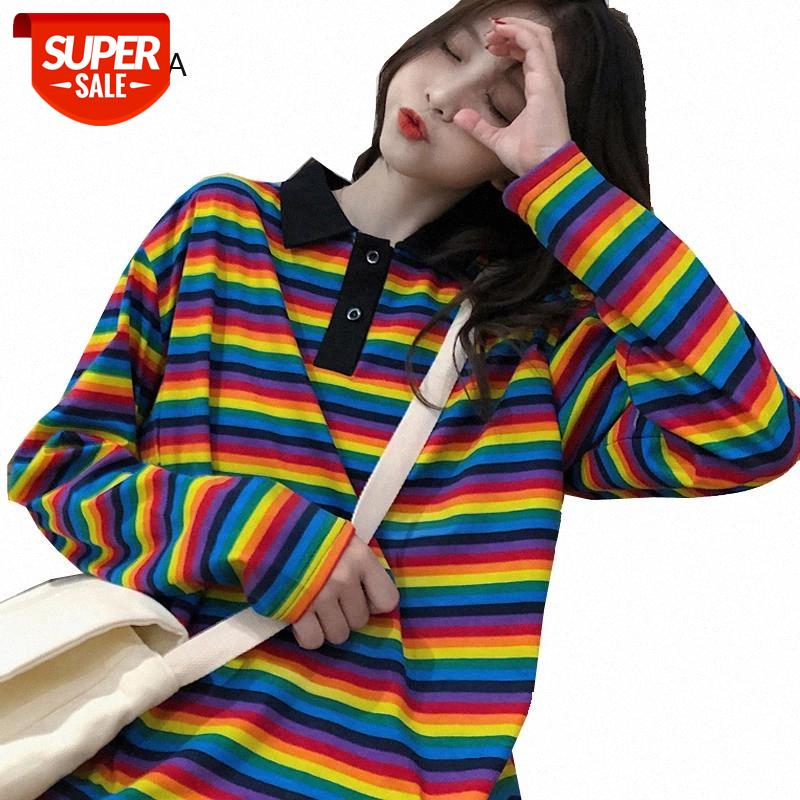 

Cotton Women Tshirt Rainbow Striped Tee Shirts Long Sleeve Casual Female T Shirt Oversized Tees Autumn Ladies T-shirts Tops #D639, White