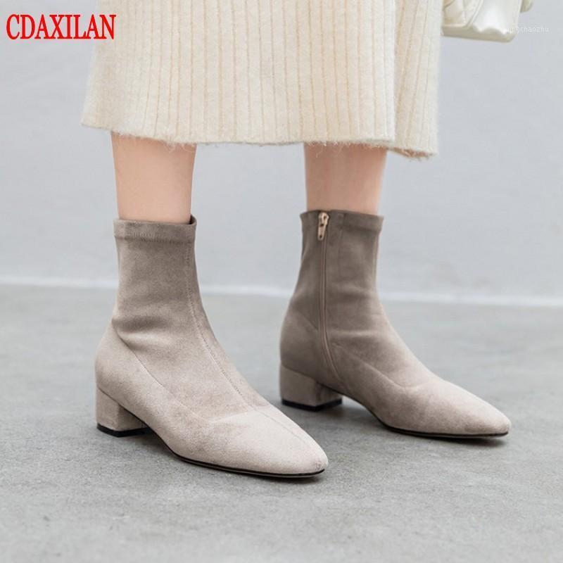 

CDAXILAN new to women's short boots fabric genuine suede fabric inner pigskin velvet Mid-heels side zipper ankle boots1, Black(suede velvet )