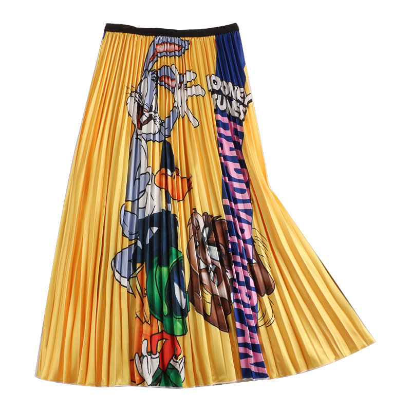 

Harajuku Casual Cartoon Print Summer Elegant Pleated Long High Waist Women A-Line Midi Skirt Saias Femme Y200326, Rose red