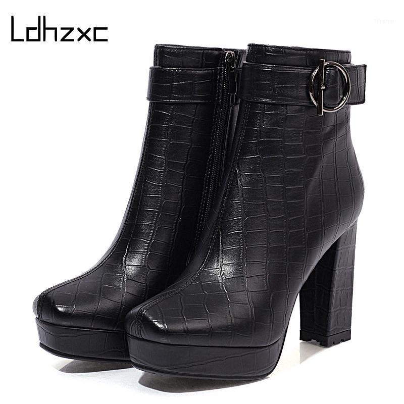 

LDHZXC 2021 Ladies Short platform Boots Women Square Toe Sexy Buckle High Heels Shoes For Party Autumn Winter High Quality1, Black