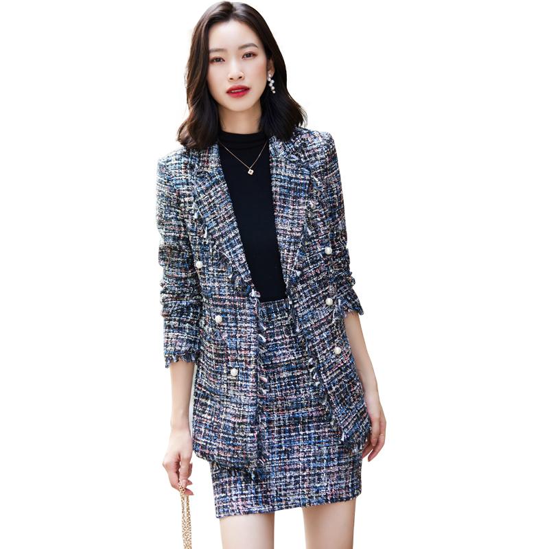 

High Quality Winter Jackets Blazer Coat and Mini Skirt Suit Casual Gray Blue Plaid Women Girl Thick Fabric Two Pieces Set, Blue skirt suit