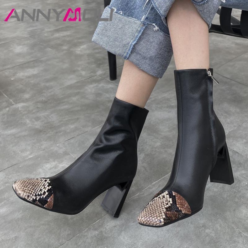 

ANNYMOLI Genuine Leather High Heel Mid Calf Boots Women Shoes Snake Print Square Toe Chunky Heels Zipper Boots Ladies Black 401, Black synthetic lin