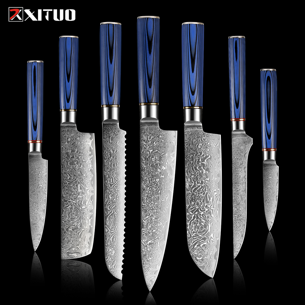 

XITUO VG10 Damascus Steel Kitchen Knife Set 1-7PCS Luxury Blue G10 Handle Sharp Damascus Chef Knife Cleaver Santoku knife