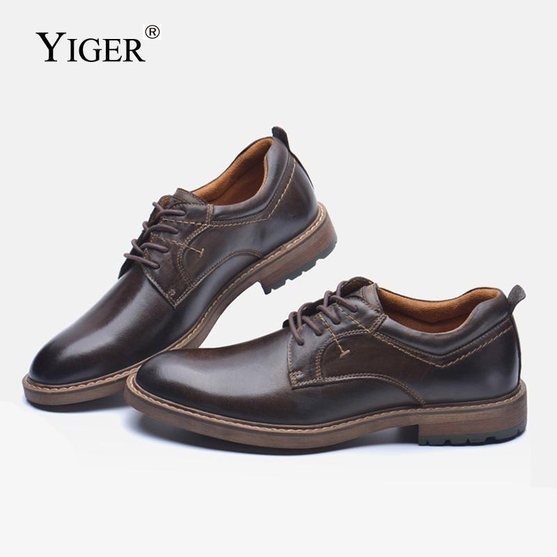 

YIGER NEW men's casual shoes men oxford shoes man Genuine Leather business lace up Large size men's dress 04411, Black casual shoes