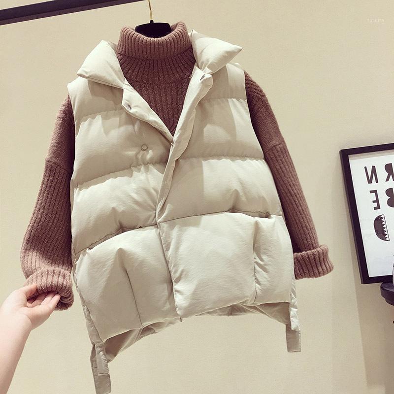 

2020 New Basic Cotton Coat Outwear Sleeveless Winter Vest Thick Keep Warm Vest Coat Season Turn-down Collar White Puffy Jacket1, Black