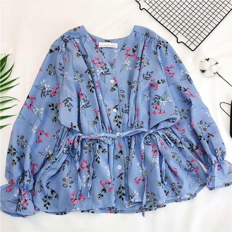 

blusas femininas de verao 2020 women blouses female autumn Spain style chic retro long sleeve blue white printed shirt tops