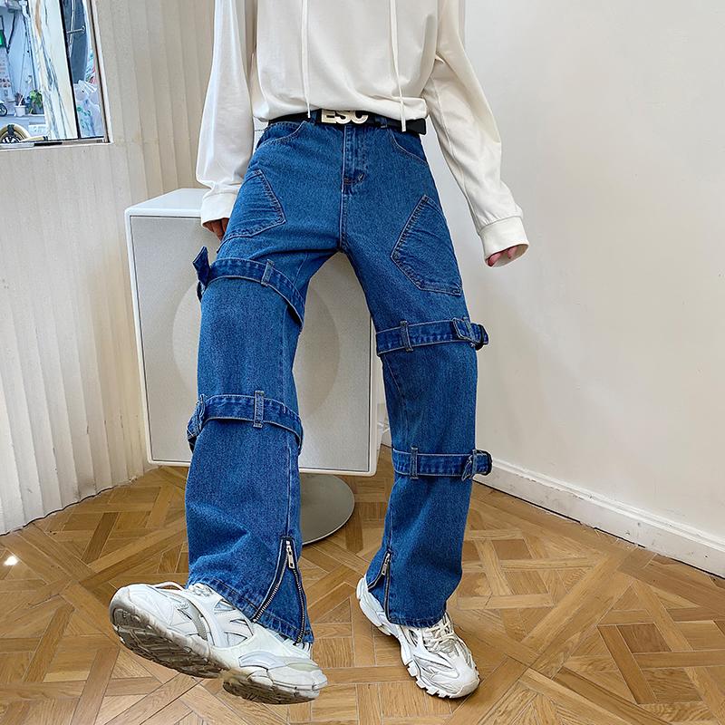 

New Korean Hip Hop Jeans Pants Men' Loose Casual Cargo Pants Bind Pockets Straight Trousers Male Denim Jeans Long Sweatpants, Black