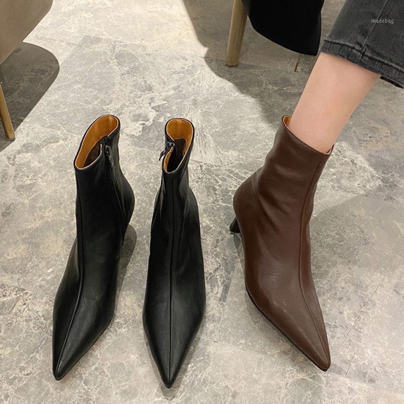 

New Autumn Women Ankle Boots Fashion Pointed Toe High Heels Winter Shoes Woman Zipper Slim Office Ladies Street Footwear 35-391, Brown