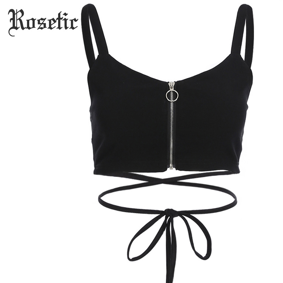 

Rosetic Gothic Sexy Bandage Crop Top Slim Black Zipper Spaghetti Strap Lace-Up Club Street Cool Dark Summer Women Short Tank Top Y200701