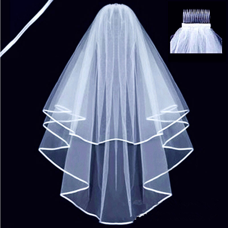 

Wholesales Factory Price Luxury Two Layer Bridal Veils Appliques Lace Edge White One Layers Long Wedding Veil, Ivory