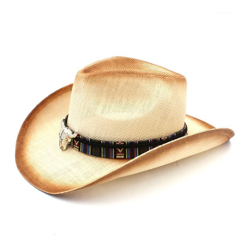 

2020 Women Men Straw Sun Hat With Bohemian Bull Head Band For Lady Dad Sun Sombrero Hombre Western Cowboy Jazz Caps Size 58CM1, C8 bcu