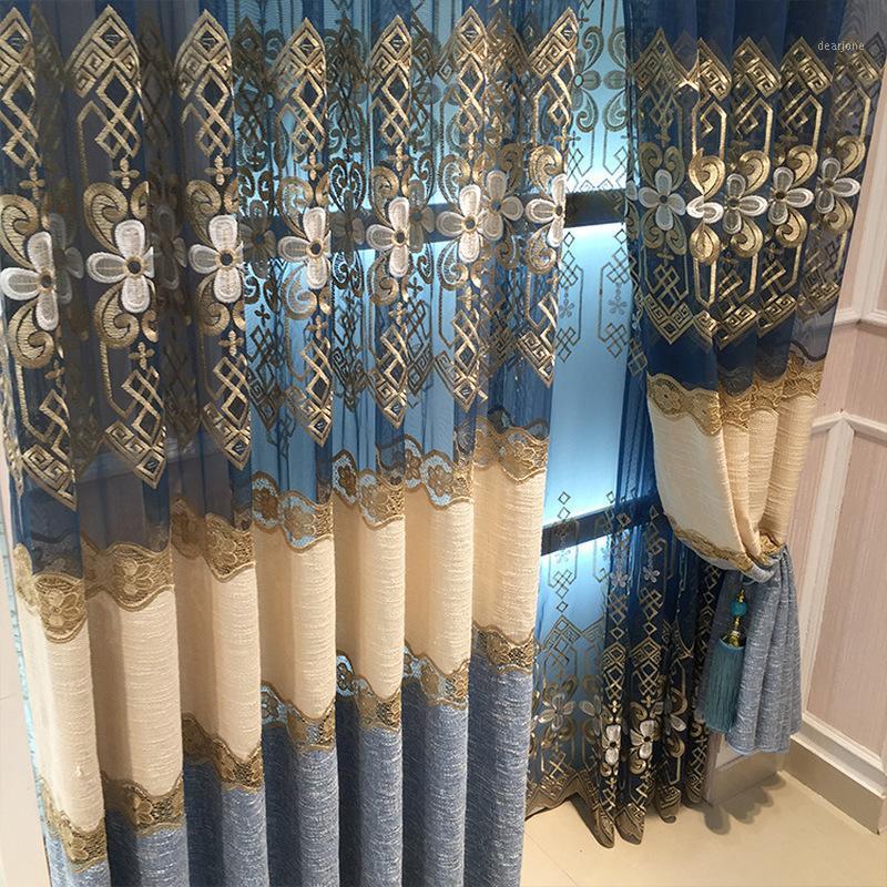 

Modern Curtains for Living Dining Room Bedroom Cotton and Curtains Finished Product Simple Hollow Embroidery Cloth1, Blue tulle