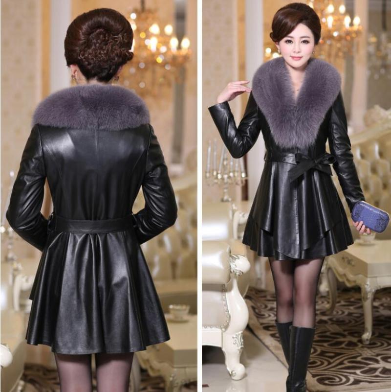

fur coats with imitation fur collar women' mid-length coat Slim plus cotton fashion PU leather winter, Black