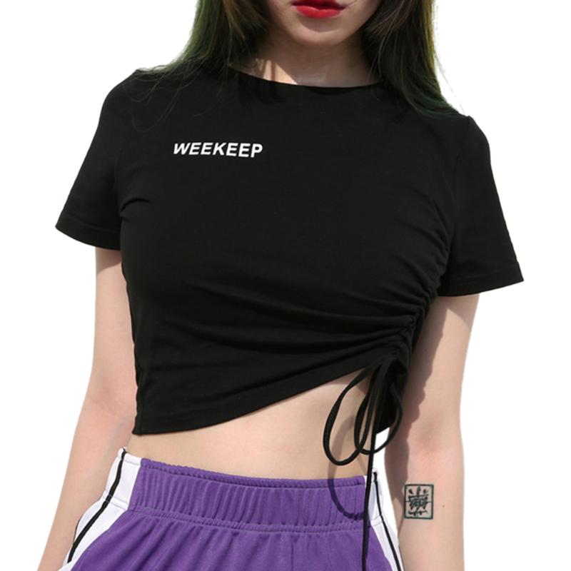 

2020 Summer Letter Print Women T-shirt Cotton Women Top Shirt Ruched Drawstring Sides Short Sleeved T Shirt Casual Tops, As pic