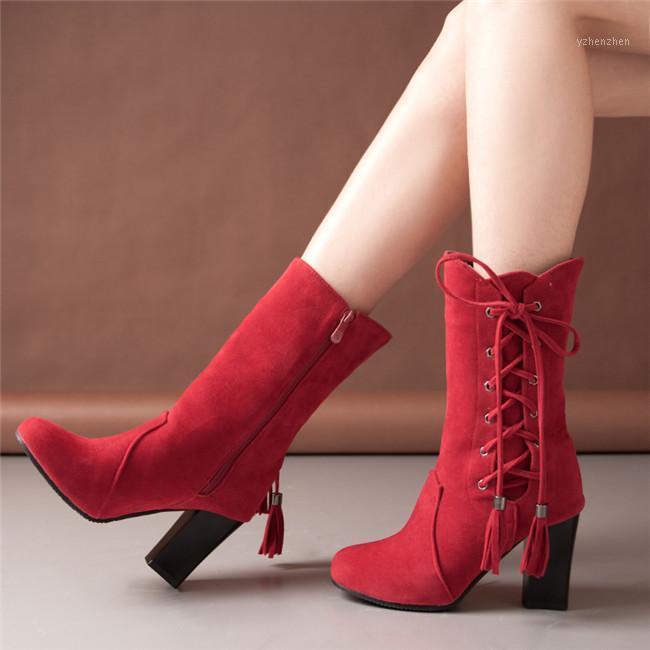

YMECHIC Ladies Mid Calf High Lace Up Cross Tied Block Heel Flcok Riding Knight Boots Red Black Gray Womens Shoes Plus Size 34-431, Hui