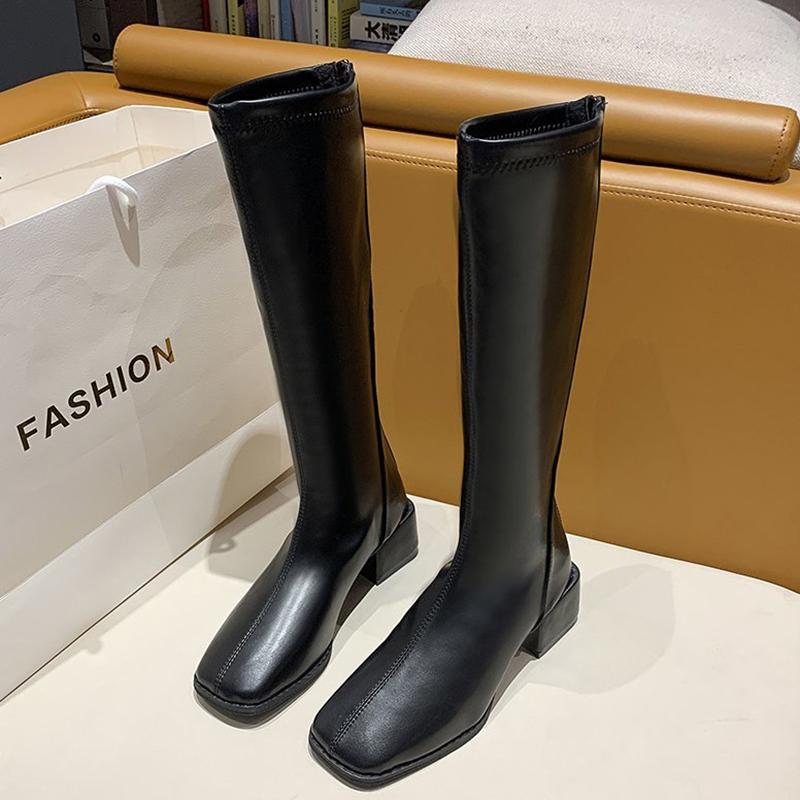 

Fashion 2020 INS Women 5cm Black Block High Heels Thigh High Boots Winter Warm Fur Long Boots Square Toe Knee Shoes, Beige
