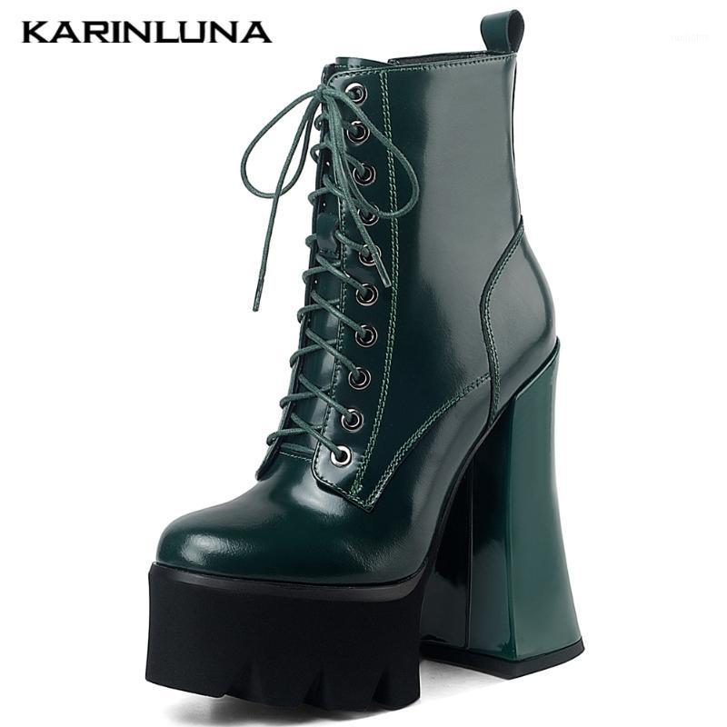 

karin 2020 Fashion Brand shoes Cow Leather High Platform Round Toe Ankle Boots Hoof Heels 15 cm Cross-tied women shoes1, Black